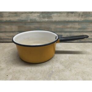 Vintage Yellow Enamelware Saucepan White Interior Black Handle